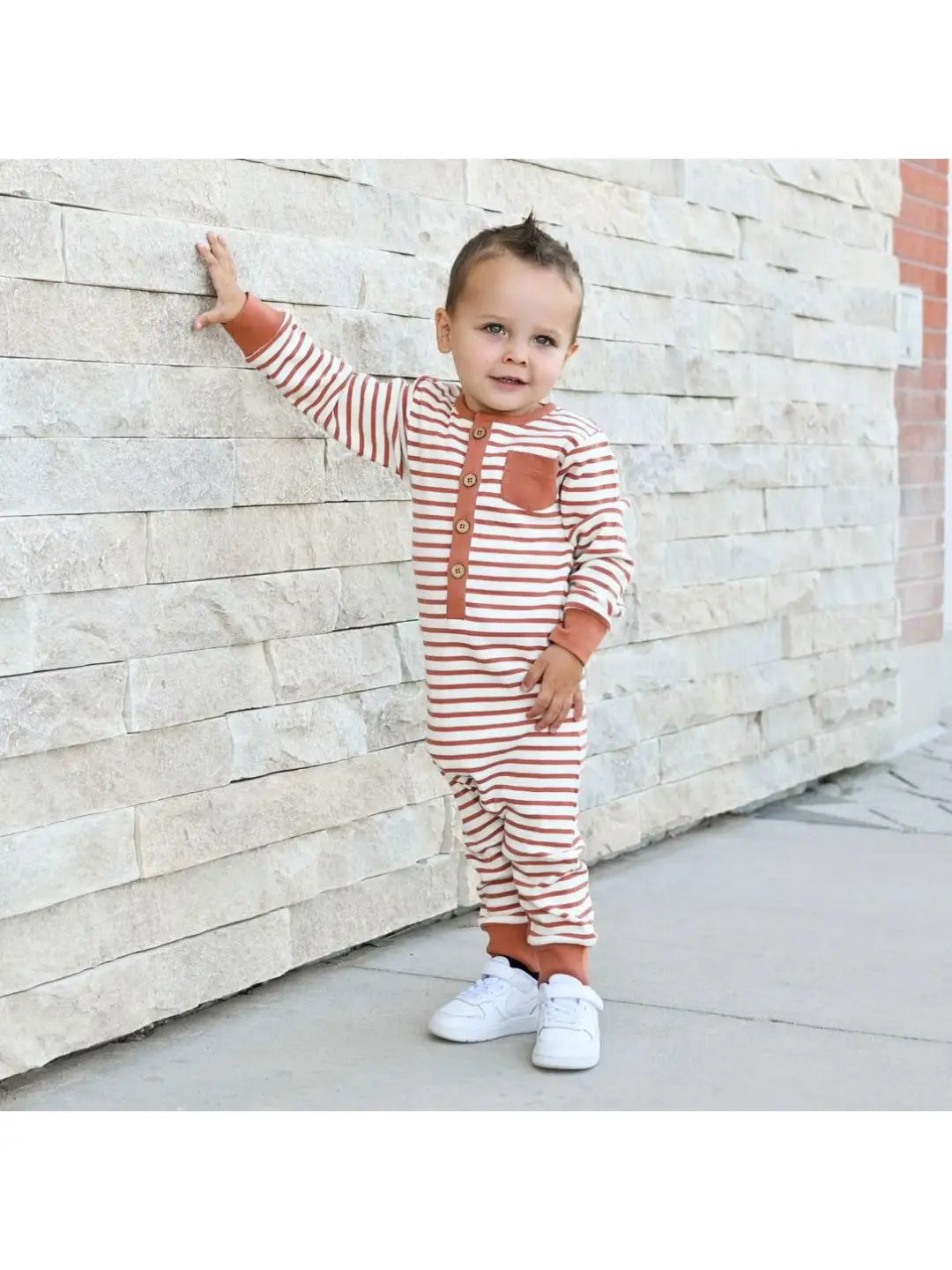 Lola & Taylor -Long Wooden Button Romper Terracotta Stripe