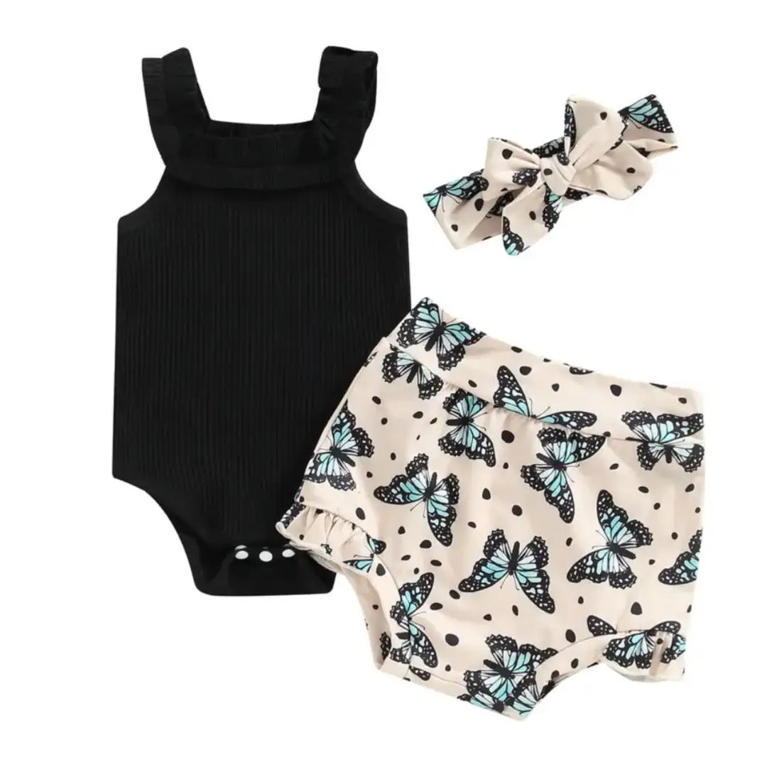 3 Piece Headband,Black Ruffle Onesie and Floral Bloomer Set