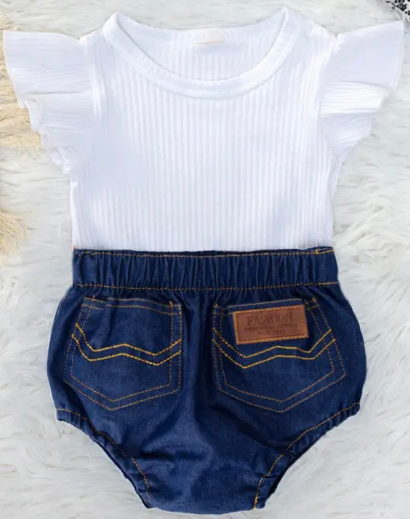 2pce white tee jean bummies set
