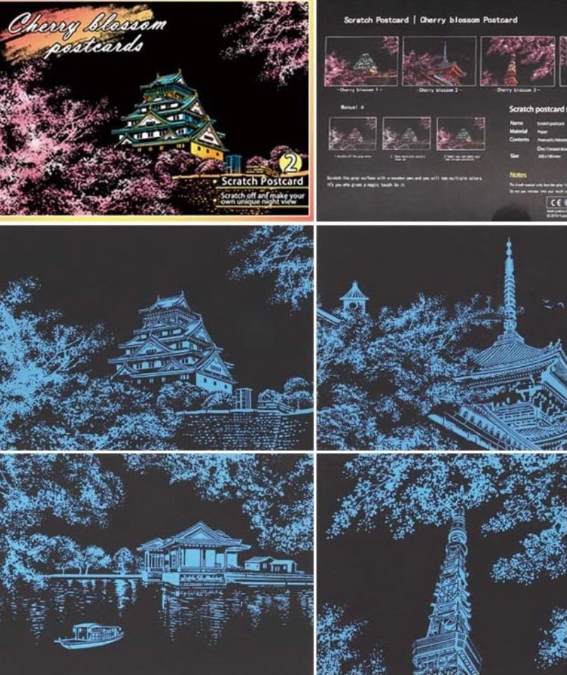 5.5" x 8" 4 pack of scratch painting postcards - Cherry Blossom