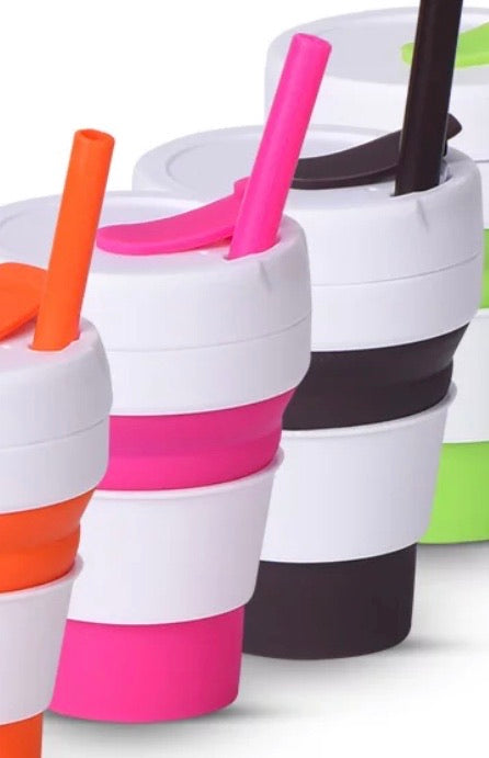 12 oz (355ml) bright pink silicone collapsible cup with reusable straw