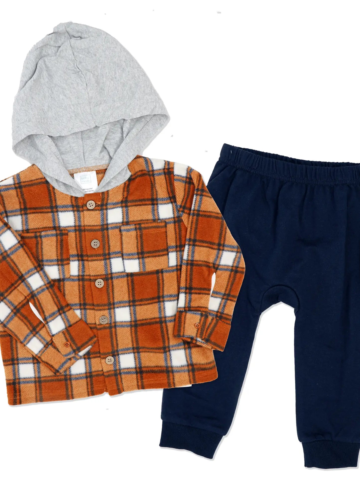 Boys 2 Piece Plaid Set: Burnt ochre/ Navy