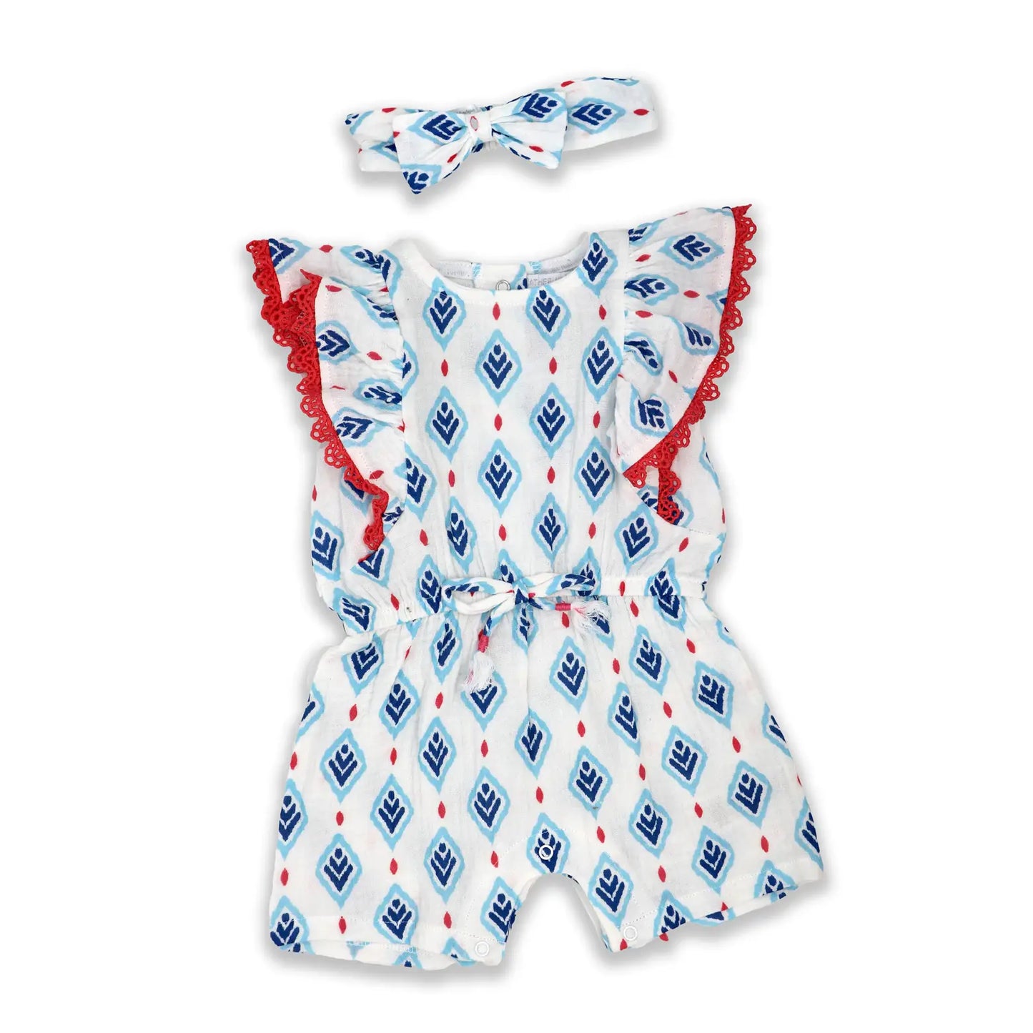 Girls 2PC Gauze Romper and Headband Set: Navy Chevron