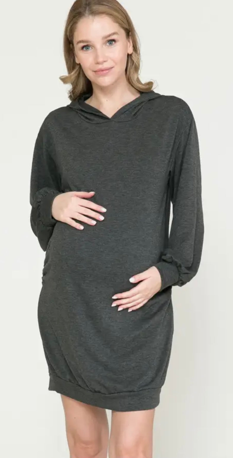 Side Ruched Maternity Hoodie Dress