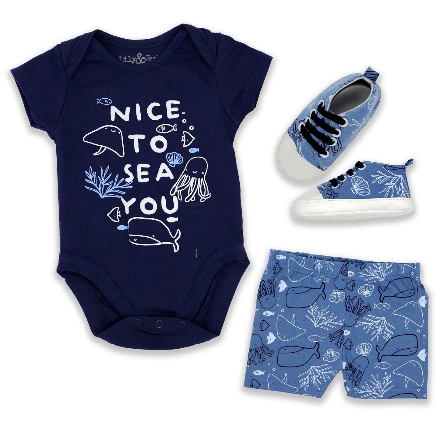 3pc Bodysuit, Short, & Shoe Sets: Nice To Sea You