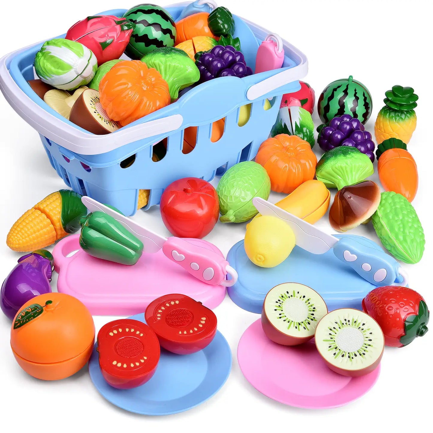 53 Pcs Play Food For Kids Kitchen Pretend Cutting Food Toys