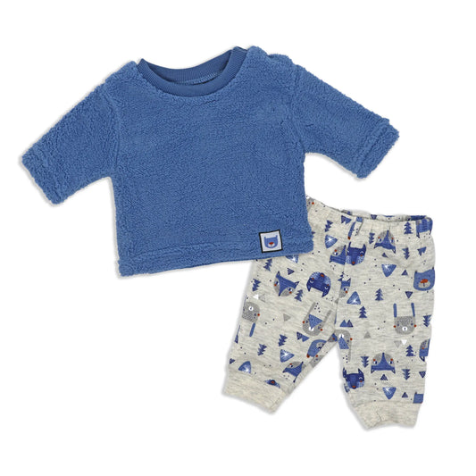 Boys 2 Piece Pant Sherpa Set-Navy Animals