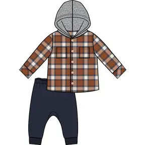 Boys 2 Piece Plaid Set: Burnt ochre/ Navy