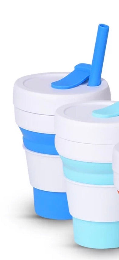 12 oz (355ml) bright blue silicone collapsible cup with reusable straw