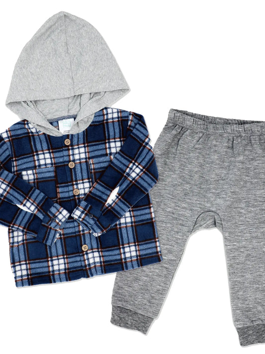Boys 2 Piece Plaid Set: Navy/Red