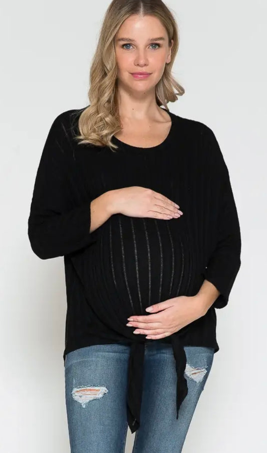 Maternity +Round Neck Long Sleeve Front Tied Dolman Top