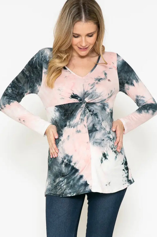 Maternity V Neck Front Knot Tie dye Blouse Top