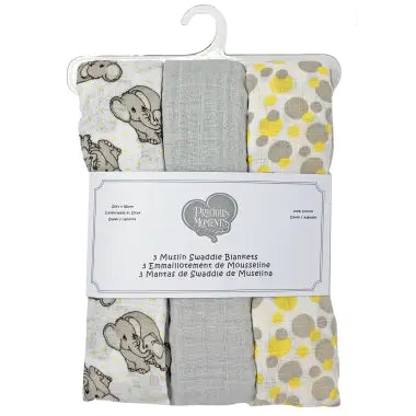 Elephant yellow and grey Muslin Swaddling Blanket - Set of Three