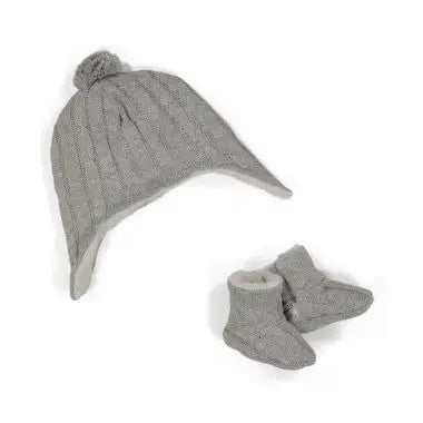 Grey Pom-Pom Earflap Beanie & Booties