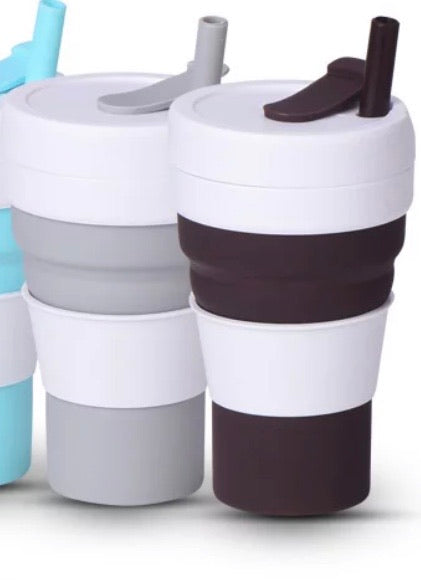 grey 16 oz (450ml) silicone collapsible cup with reusable straw good for hot and cold beverages