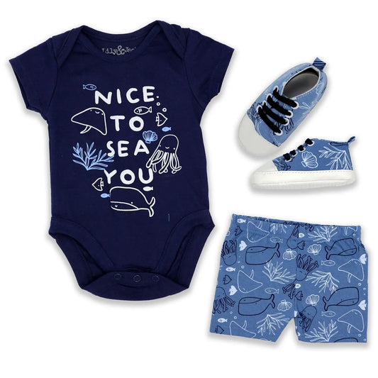 3pc Bodysuit, Short, & Shoe Sets: Nice To Sea You
